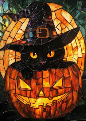 Black Cat in Pumpkin Stained Glass