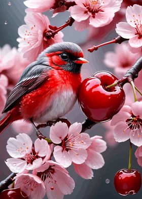 Red Bird on Cherry Blossom Branch