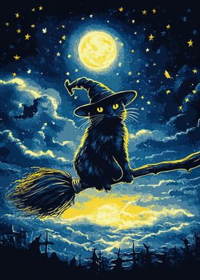 Black Cat Witch on Broom