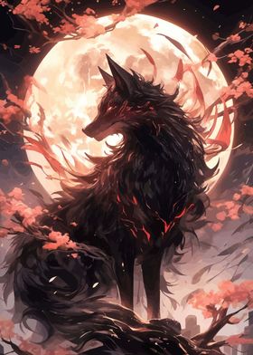 Black Wolf Under Full Moon