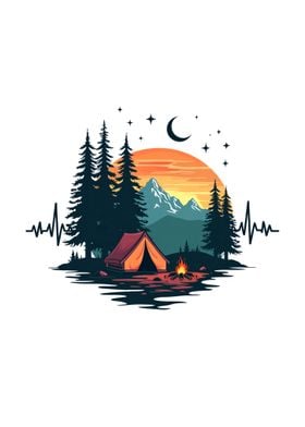 Camping Sunset Illustration camping heartbeat pine trees and mountains scene campfire and tent moon and stars graphic for campers