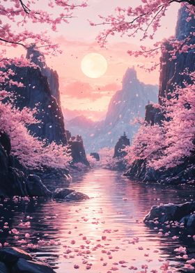 Cherry Blossom River Landscape