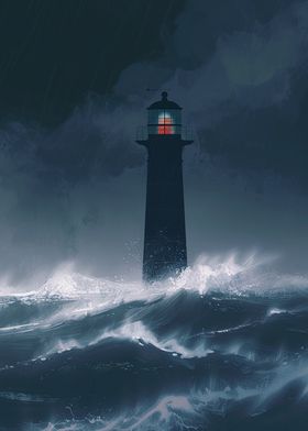 Dark Sky Ocean Lighthouse in Storm