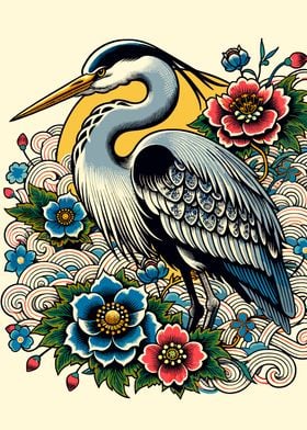 Japanese Blue Heron Floral Design