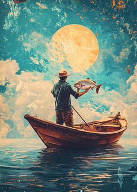 Fisherman Under Giant Moon