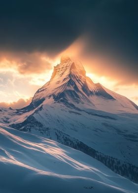 Snowy Mountain Peak at Sunset