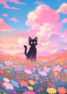 Black Cat in Flower Field