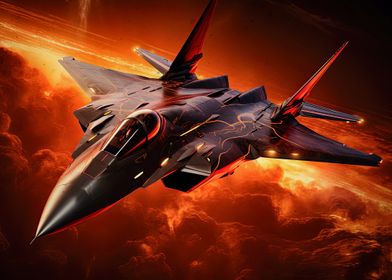 Black Fighter Jet in Fiery Sky