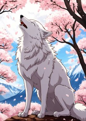 White Wolf in Cherry Blossoms