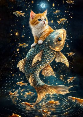 Cat Riding a Koi Fish