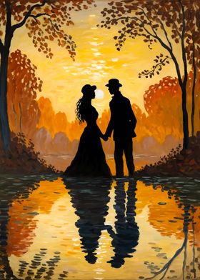 Silhouette Couple Autumn Sunset 