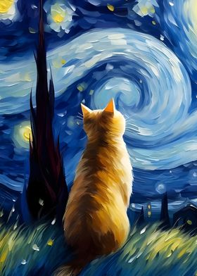 Cat Under Starry Night