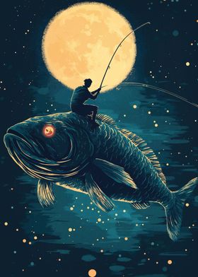 Man Fishing on Giant Fish