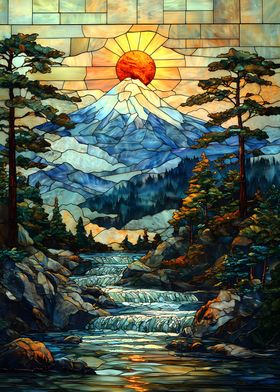 Stained Glass Mount Fuji Sunset Japan