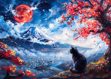 Black Cat and Mount Fuji