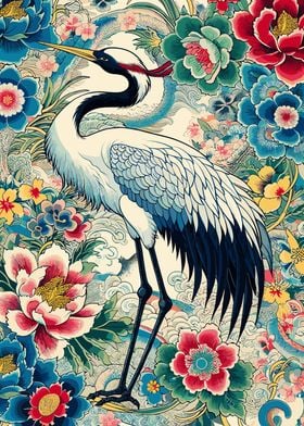 Japanese Ukiyo-E Crane and Flowers