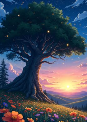 Enchanted Tree at Sunset Vibrant wildflowers in shades of orange, red, purple, and blue cover the ground around the tree blue sky and pine trees scene