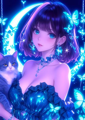 Anime Girl with Cat and Butterflies