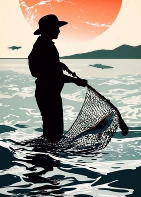 Silhouette Fisherman with Catch