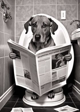 Dog Reading Newspaper on Toilet