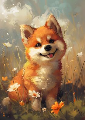 Cute Orange Puppy in Flowers