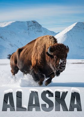 Running Bison in Alaska Snow