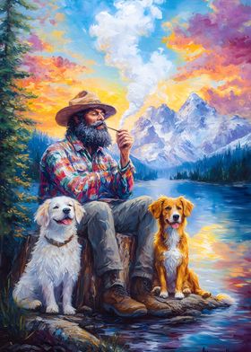 Man with Dogs by the Lake