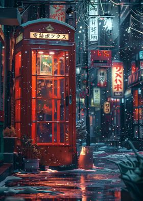 Snowy Japanese Street with Red Phone Booth