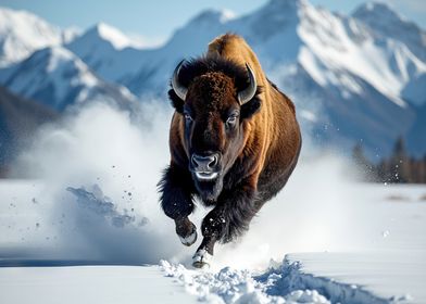 Bison Running Through the Snow