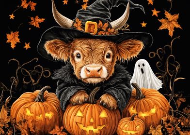 Halloween Cow with Pumpkins