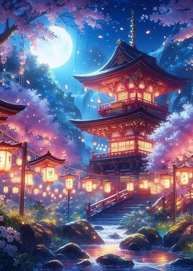 Japanese Temple Night Scene