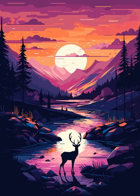 Sunset Deer in Mountains