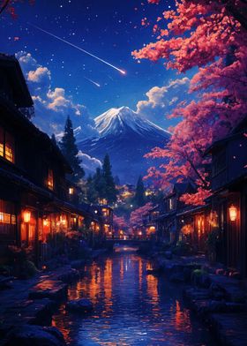 Japanese Night Scene Fuji