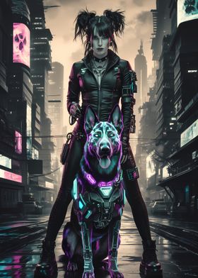 Cyberpunk Woman and German Shepherd Dog