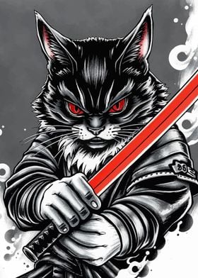 Samurai Cat with Red Katana