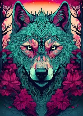 Wolf with Floral Design