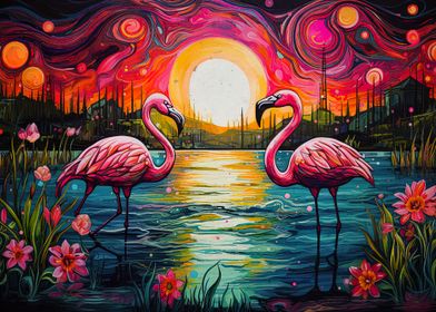 Pink Flamingos Sunset