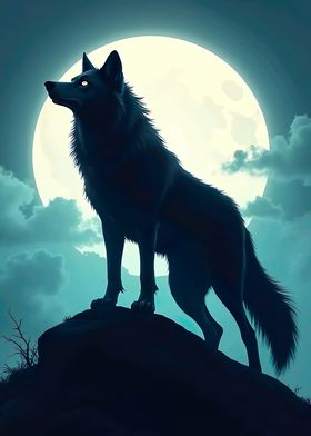 Black Wolf with Moonlight