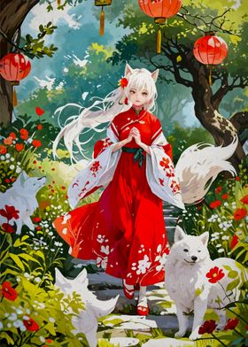 Anime Girl with White Foxes