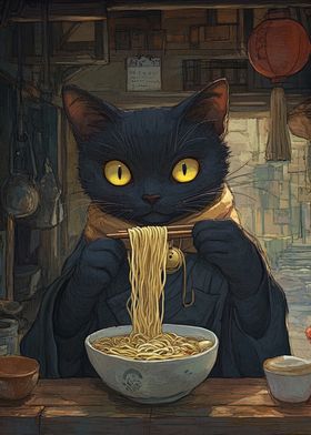 Black Cat Eating Ramen