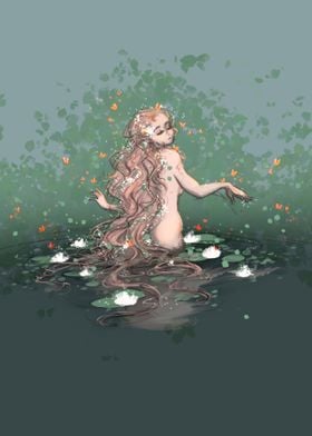 Water Nymph in a Lily Pond surrounded by Butterflies