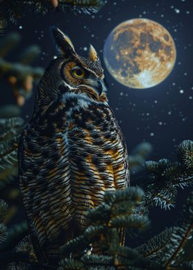 Great Horned Owl Under Moonlight