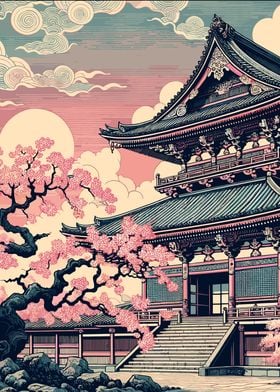 Japanese Temple with Cherry Blossoms