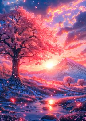 Mount Fuji Cherry Blossom Sunset