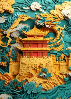 3D High Resolution Paper Dragon Palace Art