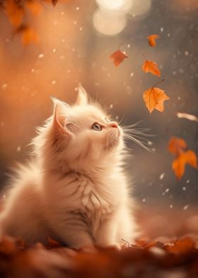 Cute Kitten in Autumn Leaves