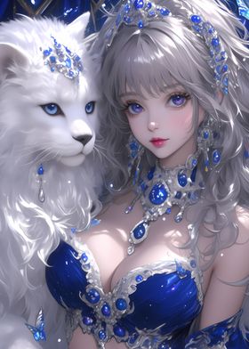 Anime Girl with White Wolf