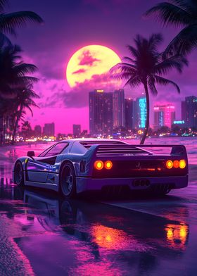 Retro F40 Ferrari Retrowave Sunset 