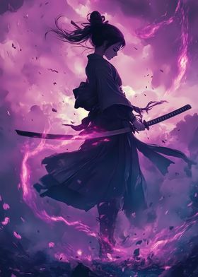 Samurai Anime Woman with Purple Flames Katana Sword