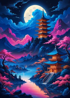 Japanese Pagoda Night Scene